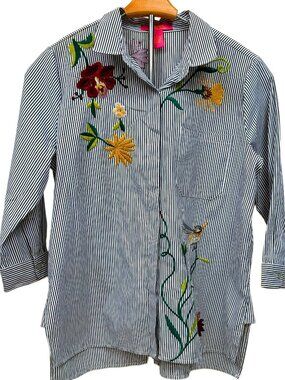 Catherine NEW Long Sleeve Button Down Top Stripes Floral Embroidery Pocket Large